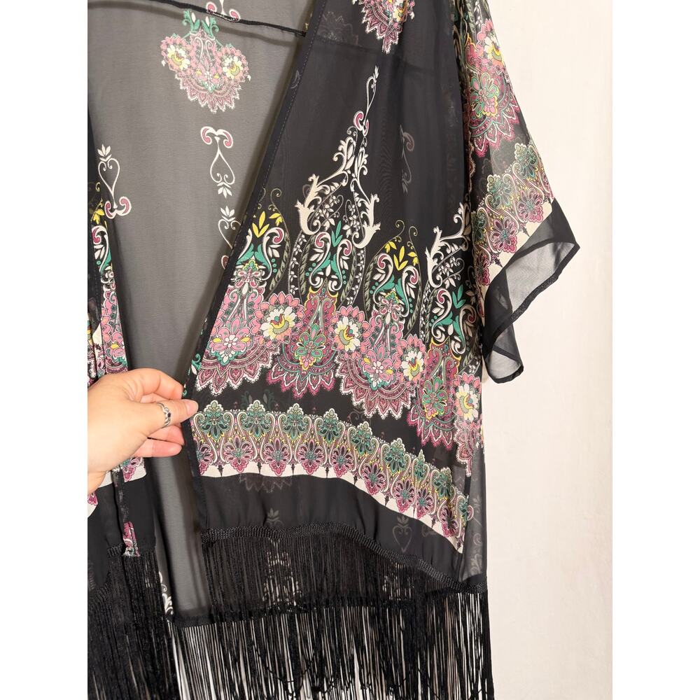Olive Tree Fringe Kimono Cardigan Large Sheer Boho Paisley Duster - Picture 6 of 7